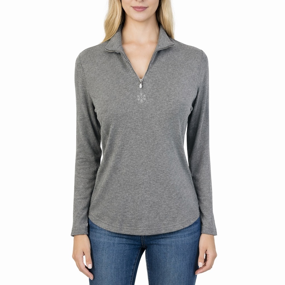 Snoskins Gray 1/4 Zip pullover Beaded Snowflake Crop Length Ski Cabin Size S